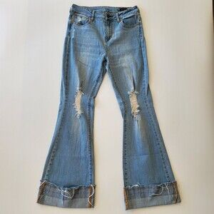 House Of Harlow Cuffed Flare Jeans Blue Light Wash Distressed High Rise Denim